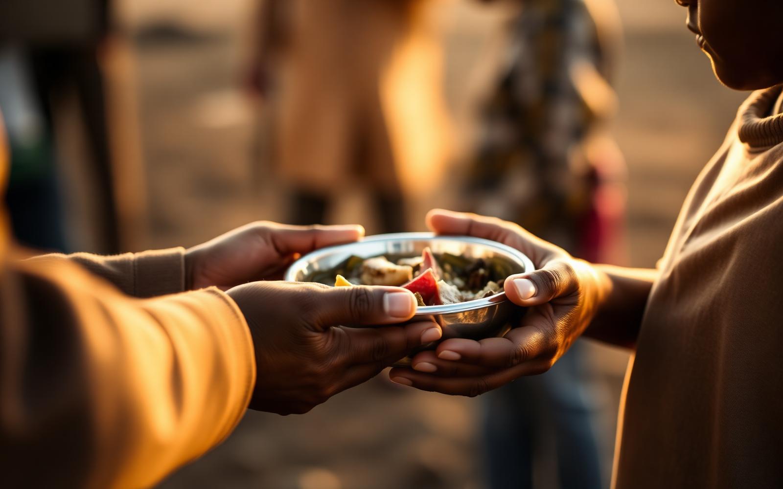 Hands of a child receiving a bowl of food