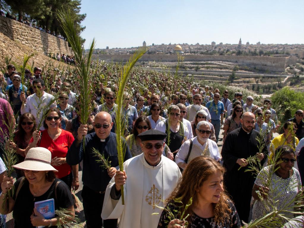 Christian pilgrims waving palm branches during Palm Sunday procession on the Mount of Olives