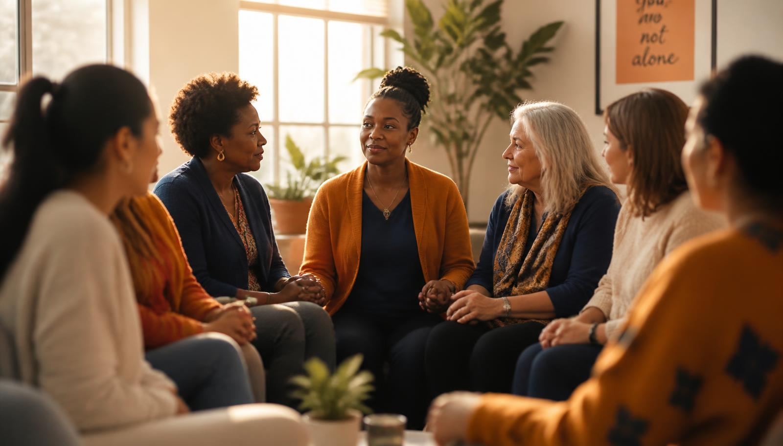 Women sitting together in a supportive circle receiving care and encouragement