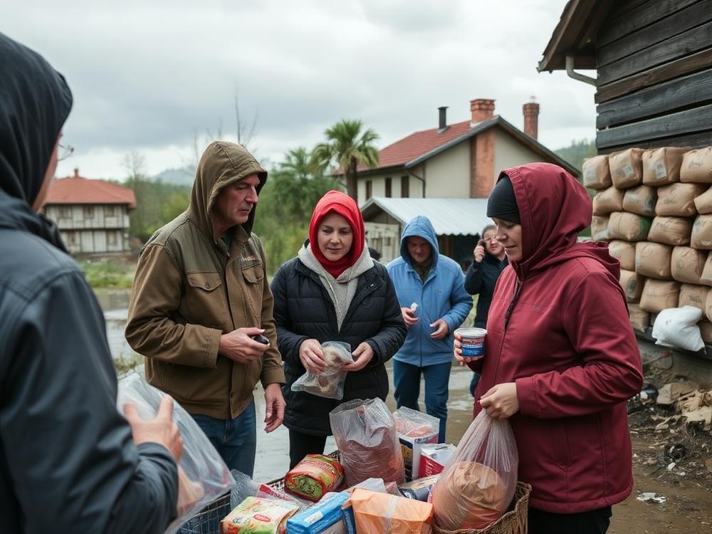 Volunteers distributing relief supplies after flooding