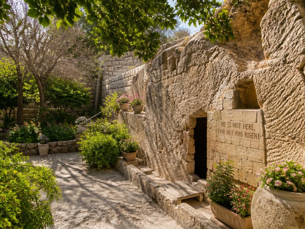 The peaceful Garden Tomb in Jerusalem with its carved stone entrance