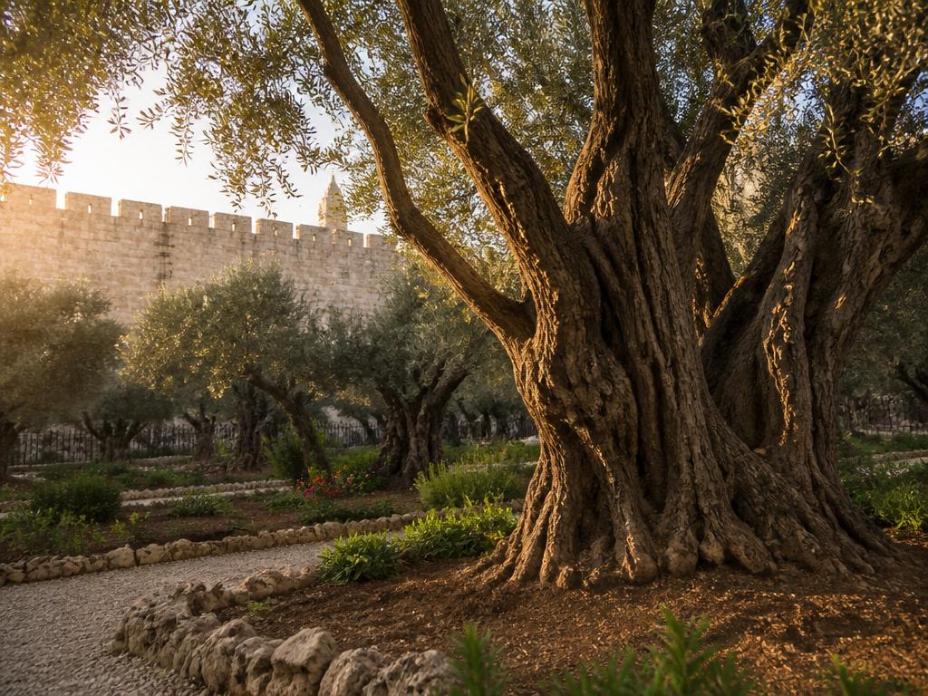 Ancient olive trees in the Garden of Gethsemane with Jerusalem's walls in the background