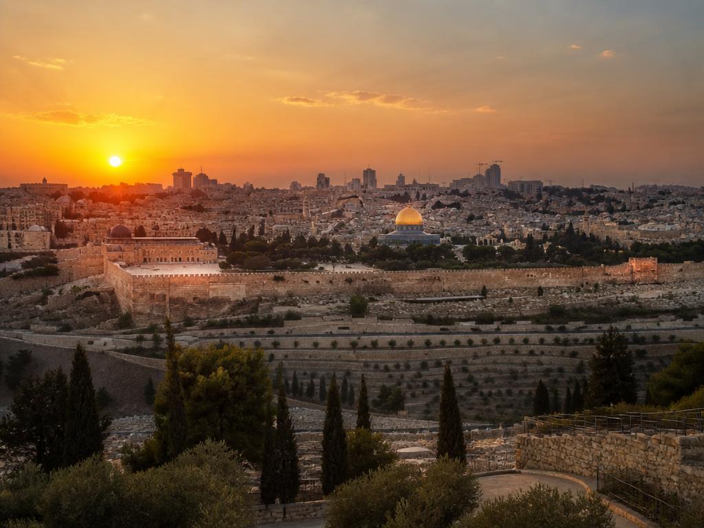 Golden hour panoramic view of Jerusalem's Old City from the Mount of Olives