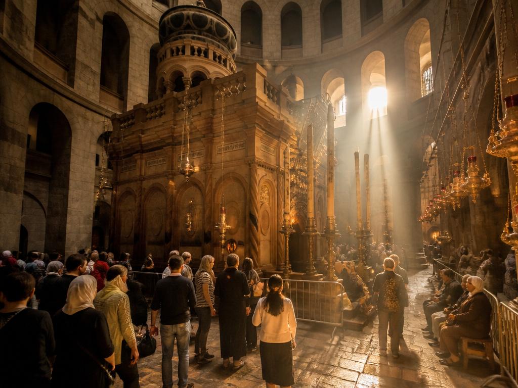 Interior of the Church of the Holy Sepulchre with golden light streaming through windows